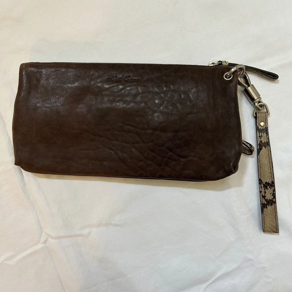 Kenneth Cole New York Leather Wristlet Clutch Brown Snake Print Fold‎ Over